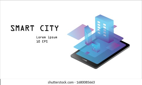 ciudad inteligente isométrica en el vector de ilustración de smartphone, futuro diseño de ciudad con espacio de copia para texto.