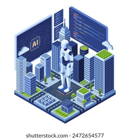 Ciudad Inteligente Isométrica Impulsada por Inteligencia Artificial Aérea. Inteligencia Artificial y Robótica en Smart City Concept