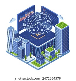 Isometrische Smart City, angetrieben von der Technologie des KI Brain Neural Network. In: Artificial Intelligence Smart and Sustainable Cities Concept.