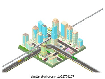 Isometric Smart City With Skyscrapers, Highway And Transport On White Background