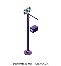 Isometric smart city technology icon with street camera on pole with solar panel 3d vector illustration