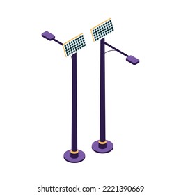 Isometric Smart City Technology Neon Icon With Solar Panels On Street Lamp Posts 3d Vector Illustration