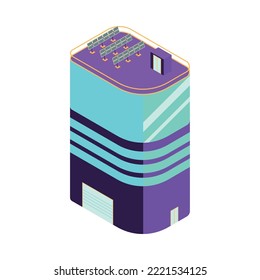 Isometric smart city technology neon icon with solar panels on building roof 3d vector illustration
