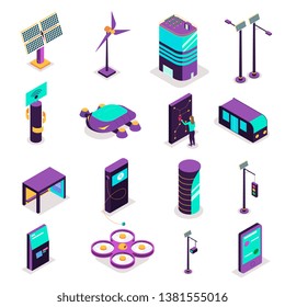 Isometric smart city technology set of isolated icons with terminals and futuristic devices with power stations vector illustration