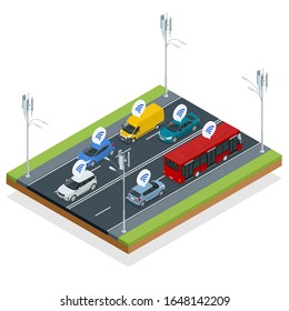 Isometric Smart City transport and wifi technology. Cars, public transport or buildings, wireless smart technology