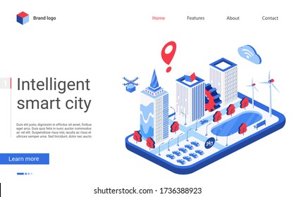 Isometric smart city vector illustration. Website interface 3d modern design with futuristic cityscape infrastructure, automation of office building, intelligent digital technology, cyber house system