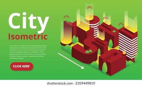 Isometric Smart City vector illustration, landing page banner with dummy text and web buttons. Website template UI design. 