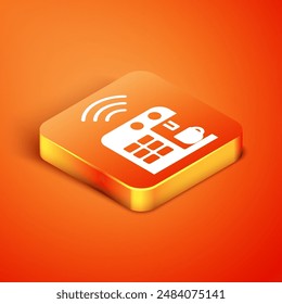 Isometric Smart coffee machine system icon isolated on orange background. Internet of things concept with wireless connection.  Vector