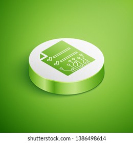 Isometric Smart contract icon isolated on green background. Blockchain technology, cryptocurrency mining, bitcoin, altcoins, digital money market. White circle button. Vector Illustration