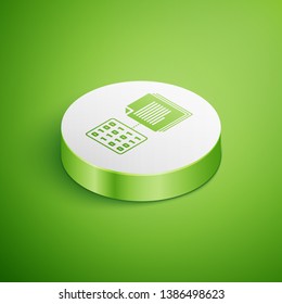 Isometric Smart contract icon isolated on green background. Blockchain technology, cryptocurrency mining, bitcoin, altcoins, digital money market. White circle button. Vector Illustration