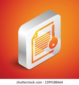 Isometric Smart contract icon isolated on orange background. Blockchain technology, cryptocurrency mining, bitcoin, altcoins, digital money market. Silver square button. Vector Illustration