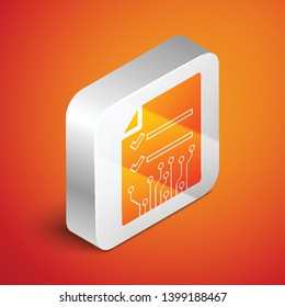 Isometric Smart contract icon isolated on orange background. Blockchain technology, cryptocurrency mining, bitcoin, altcoins, digital money market. Silver square button. Vector Illustration