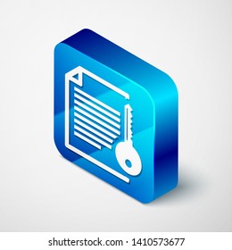 Isometric Smart contract icon isolated on white background. Blockchain technology, cryptocurrency mining, bitcoin, altcoins, digital money market. Blue square button. Vector Illustration