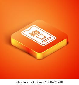 Isometric Smart control farming system mobile application icon isolated on orange background.  Vector Illustration