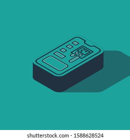 Isometric Smart control farming system mobile application icon isolated on green background.  Vector Illustration