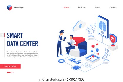 Isometric smart data center vector illustration. Cartoon flat website interface design with 3d tiny user people and artificial brain intelligence on virtual screen working together, database support