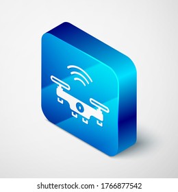 Isometric Smart drone system icon isolated on grey background. Quadrocopter with video and photo camera symbol. Blue square button. Vector