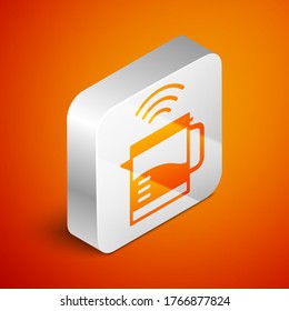 Isometric Smart electric kettle system icon isolated on orange background. Teapot icon. Internet of things concept with wireless connection. Silver square button. Vector