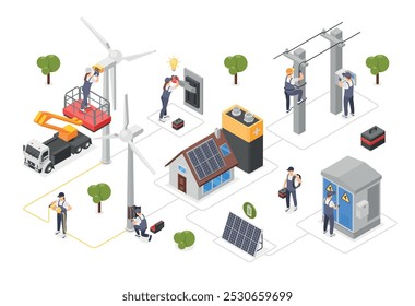 Isometric smart electricity. Clean electrical energy, wind turbines solar system. Professionals working with power systems, flawless vector 3d concept