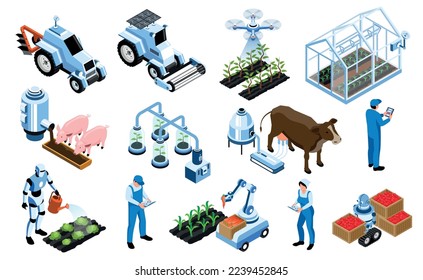 Isometric smart farm agricultural icon set farm equipment with which you can manage the cultivation of plants take care of animals vector illustration