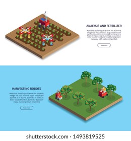 Isometric smart farm banners set with buttons editable text and plantations with fertilizing and harvesting robots vector illustration