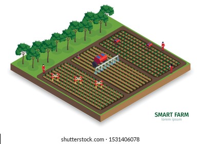 Isometric smart farm composition with outdoor view of plantations with trees people and automated drones tractors vector illustration