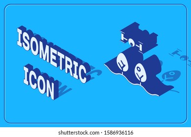 Isometric Smart farm with drone control and tree icon isolated on blue background. Innovation technology for agricultural company.  Vector Illustration
