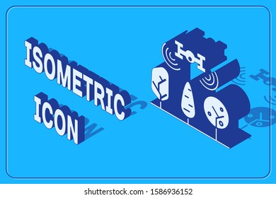 Isometric Smart farm with drone control and tree icon isolated on blue background. Innovation technology for agricultural company.  Vector Illustration