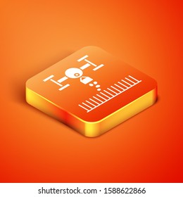 Isometric Smart farm with drone control for seed planting icon isolated on orange background. Innovation technology for agricultural company.  Vector Illustration