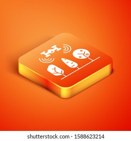 Isometric Smart farm with drone control and tree icon isolated on orange background. Innovation technology for agricultural company.  Vector Illustration