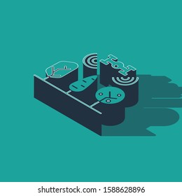 Isometric Smart farm with drone control and tree icon isolated on green background. Innovation technology for agricultural company.  Vector Illustration