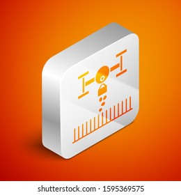 Isometric Smart farm with drone control for seed planting icon isolated on orange background. Innovation technology for agricultural company. Silver square button. Vector Illustration