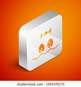 Isometric Smart farm with drone control and tree icon isolated on orange background. Innovation technology for agricultural company. Silver square button. Vector Illustration