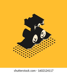 Isometric Smart farm with drone control and tree icon isolated on yellow background. Innovation technology for agricultural company.  Vector Illustration