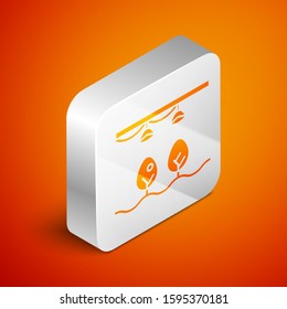 Isometric Smart farm with light bulb and plant symbol icon isolated on orange background. Silver square button. Vector Illustration