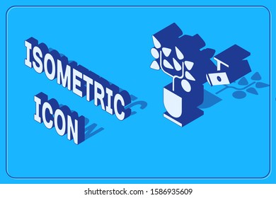 Isometric Smart farming technology - farm automation system in app icon isolated on blue background.  Vector Illustration