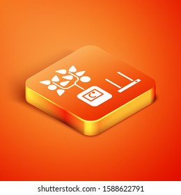 Isometric Smart farming technology - farm automation system in app icon isolated on orange background.  Vector Illustration