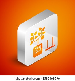 Isometric Smart farming technology - farm automation system in app icon isolated on orange background. Silver square button. Vector Illustration