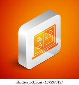 Isometric Smart farming technology - farm automation system icon isolated on orange background. Silver square button. Vector Illustration