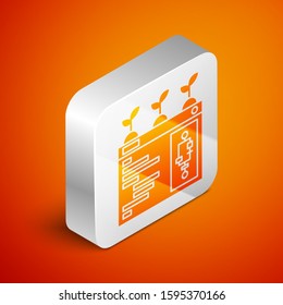 Isometric Smart farming technology - farm automation system in app icon isolated on orange background. Silver square button. Vector Illustration