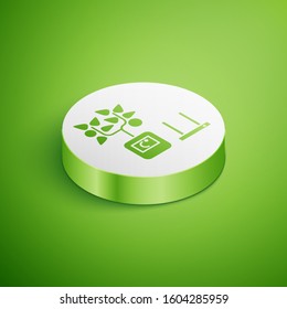 Isometric Smart farming technology - farm automation system in app icon isolated on green background. White circle button. Vector Illustration