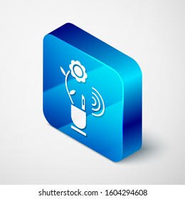 Isometric Smart farming technology - farm automation system in app icon isolated on white background. Blue square button. Vector Illustration