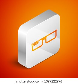 Isometric Smart glasses mounted on spectacles icon isolated on orange background. Wearable electronics smart glasses with camera and display. Silver square button. Vector Illustration