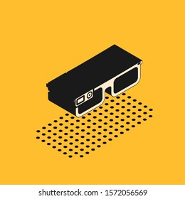 Isometric Smart glasses mounted on spectacles icon isolated on yellow background. Wearable electronics smart glasses with camera and display.  Vector Illustration