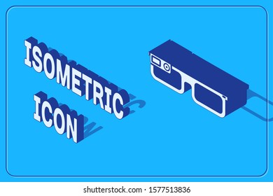 Isometric Smart glasses mounted on spectacles icon isolated on blue background. Wearable electronics smart glasses with camera and display.  Vector Illustration
