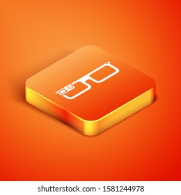 Isometric Smart glasses mounted on spectacles icon isolated on orange background. Wearable electronics smart glasses with camera and display.  Vector Illustration