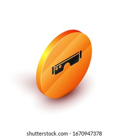 Isometric Smart glasses mounted on spectacles icon isolated on white background. Wearable electronics smart glasses with camera and display. Orange circle button. Vector Illustration