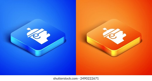 Isometric Smart glasses mounted on spectacles icon isolated on blue and orange background. Wearable electronics smart glasses with camera and display. Square button. Vector