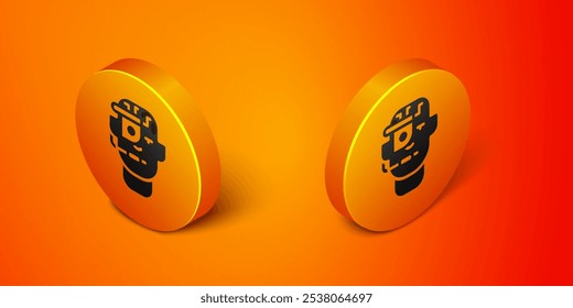 Isometric Smart glasses mounted on spectacles icon isolated on orange background. Wearable electronics smart glasses with camera and display. Orange circle button. Vector