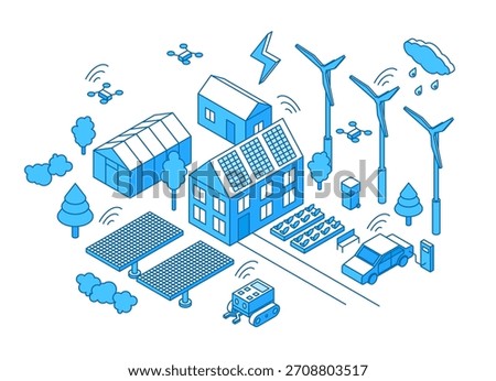 Isometric smart grid home. Modern lifestyle, countryside house with clean energy. Independent closed farm with plants, solar panels, wind turbines, nifty vector scene
